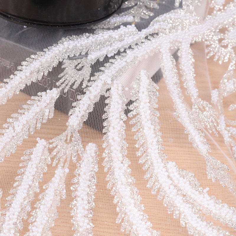 Tela De Novia Con Lentejuelas Plateadas Y Perlas